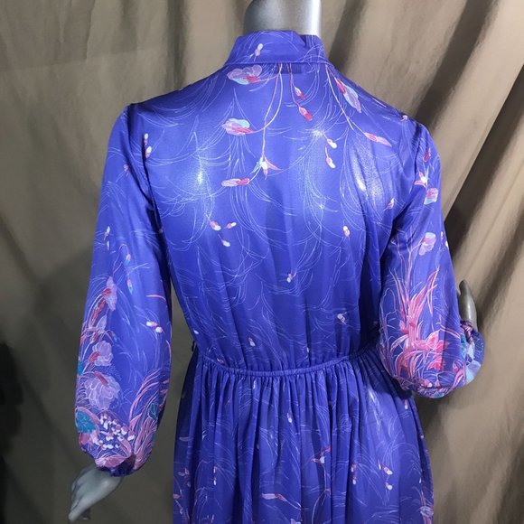 Vintage Mavinette Dress Women's Small/Medium Purple Pink Blue Floral Pattern 3/4 - Picture 6 of 16